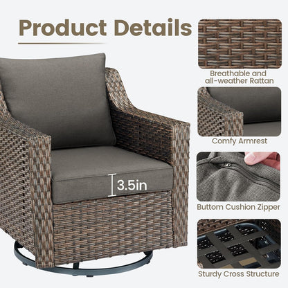 Outdoor Patio Wicker Swivel Chairs - Set of 4 Outside Rattan Rocker Glider Chair Rocking Armchairs for Front Porch Balcony Backyard Yard Deck Poolside Apartment – Brown/Grey