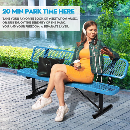6Ft Outdoor Bench with Back Portable Frame, Outdoor Steel Park Bench with Backrest, Expanded Metal Mesh Bench for Outside, Lawn, Backyard, Park, Garden, Patio, Porch, Blue