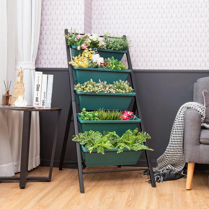 Giantex Set of 2 Vertical Planter Raised Bed, Elevated Garden Beds with Water Drainage Hole, Freestanding 5 Container Boxes for Herb Vegetables Flowers Growing, Outdoor Indoor Patio Balcony