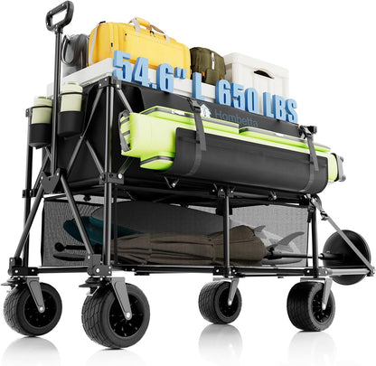400L Double Decker Folding Wagon Cart, Heavy Duty 560LBS Capacity Utility Cart with Brake, Collapsible Wagon with All-Terrain Big Wheels for Beach, Camping, Picnic, and Outdoor Use – Black
