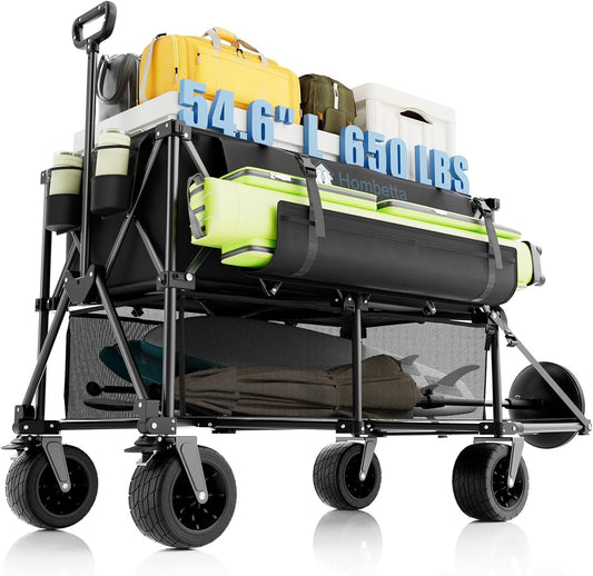 400L Double Decker Folding Wagon Cart, Heavy Duty 560LBS Capacity Utility Cart with Brake, Collapsible Wagon with All-Terrain Big Wheels for Beach, Camping, Picnic, and Outdoor Use – Black