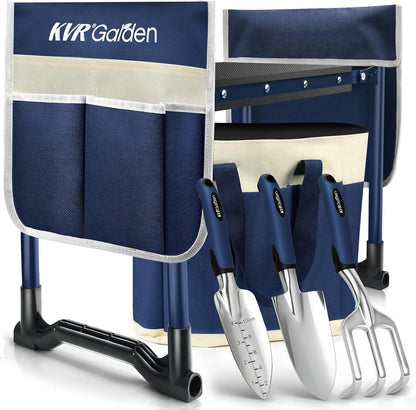 KVR Garden Kneeler and Seat Set 2025 Upgraded - Heavy Duty Foldable Bench Chair with 3 Tools & 2 Tool Pouch + Multi-Purpose Bag, Gardening Stool Gifts for Seniors, Women, Mom