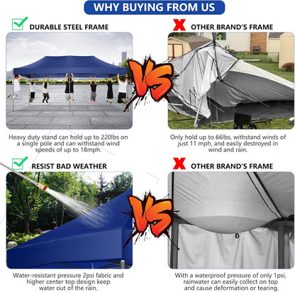 COBIZI 10x20 Pop up Canopy Heavy Duty Without Sidewalls, Easy Set-up Commercial Outdoor Party, 100% Waterproof Wedding Canopy Gazebo, 3 Height Adjustable with Wheeled Bag, Dark Blue