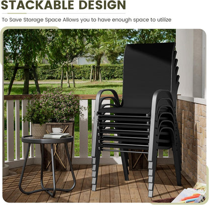 UDPATIO Patio Dining Set of 7, Outdoor Table and Chairs Set with Square Metal Table, 6 Stackable Patio Chairs with High Back, Outdoor Furniture for Deck Garden Backyard Lawn Poolside (Black)
