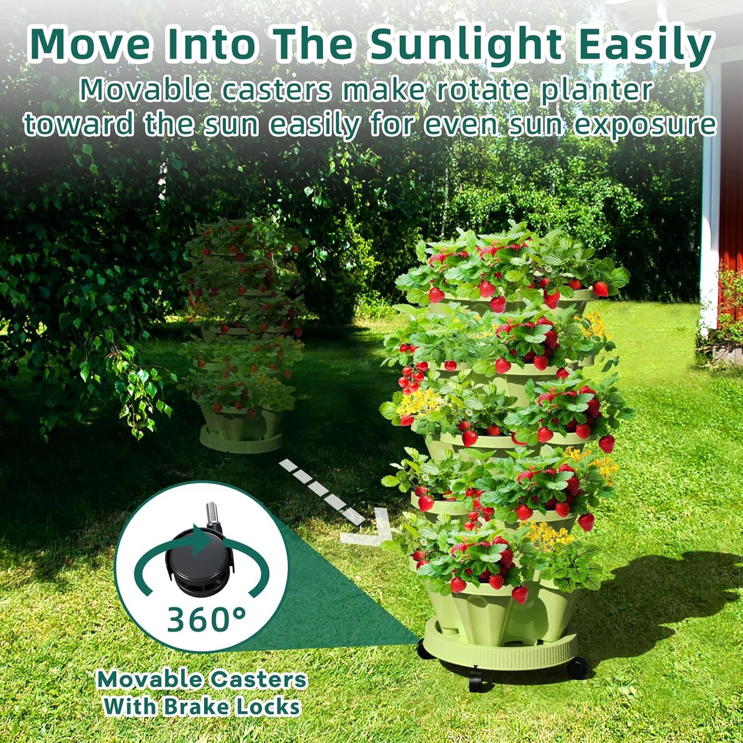 Strawberry Stacking Planters, Vertical Garden Tower, 5 Tiered Stackable Herb Vegetable Planters with Movable Casters and Bottom Saucer Indoor and Outdoor - Green