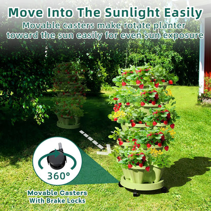 Strawberry Stacking Planters, Vertical Garden Tower, 5 Tiered Stackable Herb Vegetable Planters with Movable Casters and Bottom Saucer Indoor and Outdoor - Green