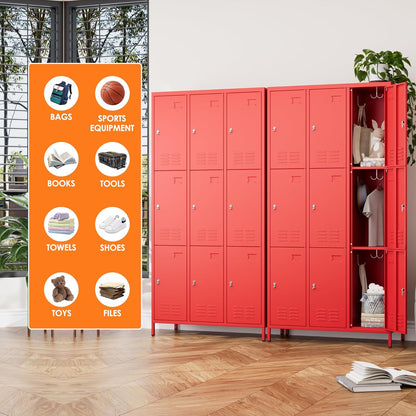 9 Doors Metal Lockers for Employees with 27 Hooks, Storage Locker with Business Card Holder for Office Gym School Bedroom, Assembly Required, Red