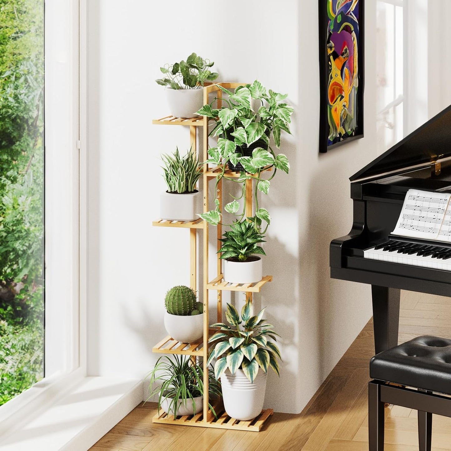 ROSSNY 48 Inch Talll Plant Stand Indoor, 6 Tier 7 Potted Bamboo Plant Stands for Indoor Plants, Corner Plant Stand, Plant Shelf For Indoor, Tiered Plant Stands, Indoor Plant Holder, Natural