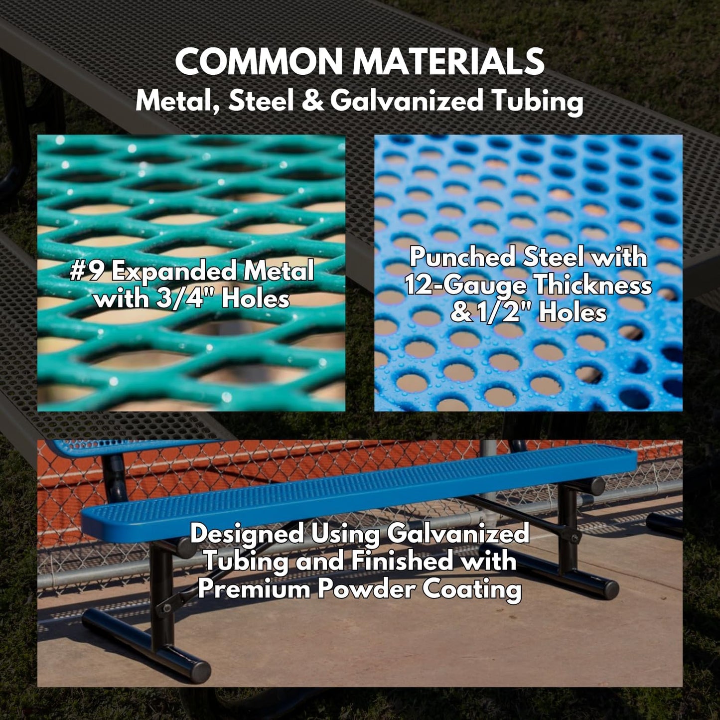 Coated Outdoor Furniture Heavy-Duty Outdoor Bench Thermoplastic Coated, Expanded Metal, Commercial-Grade Seating, Made in America (Surface with Back, 6 Ft, Dark Green)