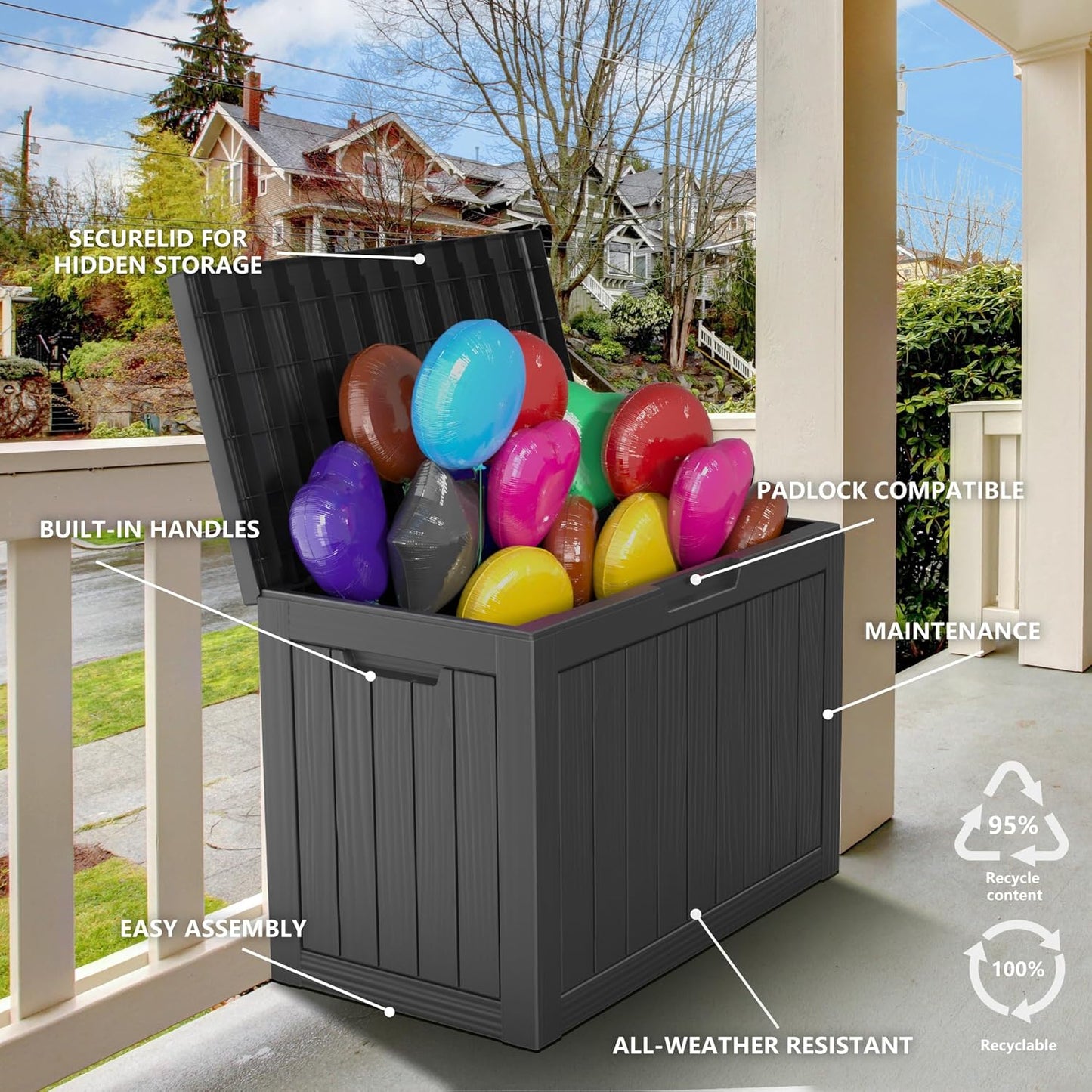 45 Gallon Waterproof Outdoor Storage Box,Resin Deck Box,Lockable Outside Storage Box Container for Patio Furniure,Garden,Tools (45 Gallon,Black)