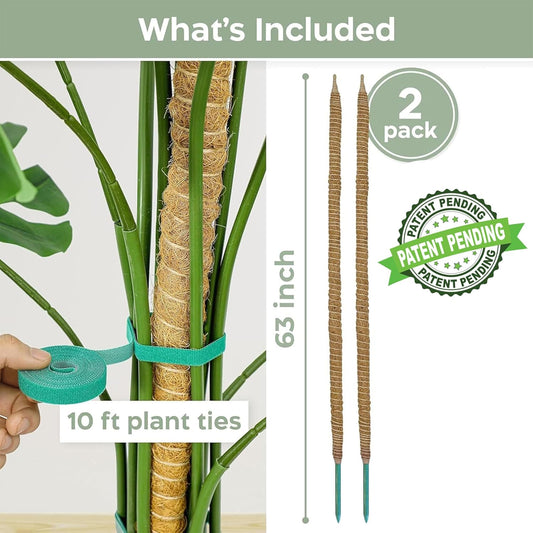 2 Pack 63'' Bendable Moss Pole Monstera Plant Support for Large Climbing Indoor Plants - Stakes for Potted Climbers - Tall Sticks Indoor Trellis for Houseplants - Accessories for Monstera Pot