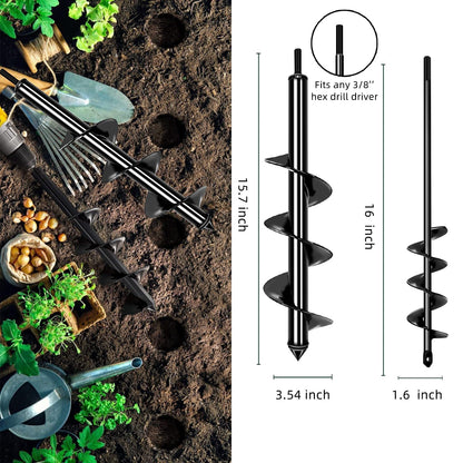 Garden Auger Drill Bit for Planting Set-1.6x16‘’ & 3.54x15.7'',Ground Earth Spiral Drill Bit for 3/8" Hex Drive Drill, Yard Auger Drill for Bulbs Planting, Hole Digger Flowers,Umbrella Holes