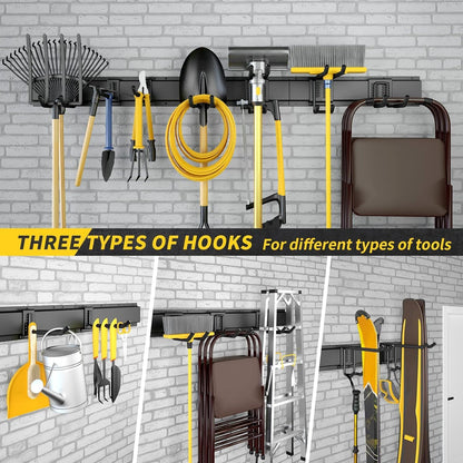 64 Inches Garage Storage, Garage Organization, Wall Mount Garden Tool Organizer, Max 620lbs Adjustable Metal Hooks, Yard Shed Rack, Tool Holder for Hanging Rake Broom Mop Snowboard, Home Gift
