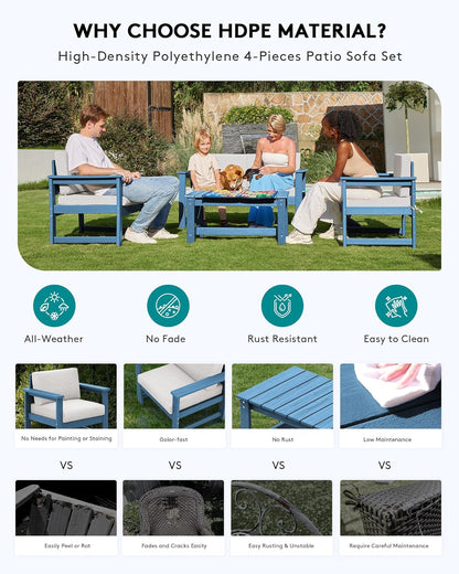 SERWALL 6 Pieces HDPE Outdoor Sofa Set with Cushions, Outdoor Conversation Couch Loveseat Furniture Set with Coffee Table for Balcony, Deck, Poolside, Black Frame with Khaki Cushions