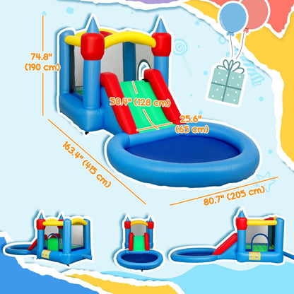 Qaba Inflatable Bounce House, 4 in 1 Bouncy Castle with Slide, Basketball Hoop, Ball Pit, 370W Blower, Storage Bag, for Outdoor and Indoor Party, Kids Backyard Play Toys, 163" x 81" x 75"
