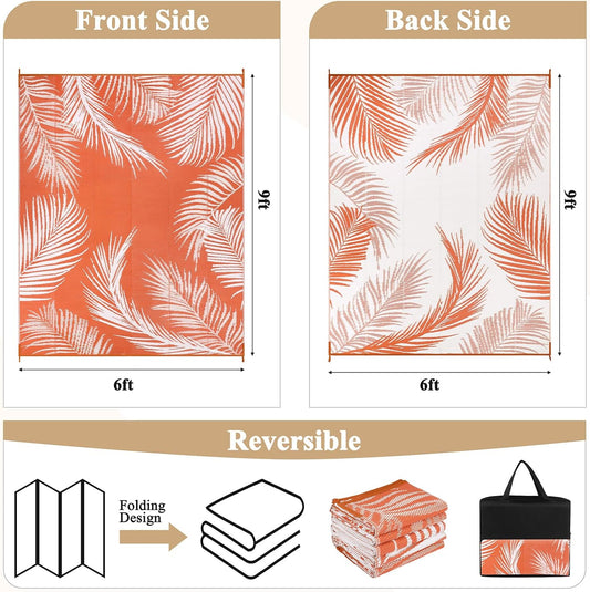 Pauwer Waterproof Outdoor Rug 6x9, Reversible Plastic Straw Patio Camping Rug, Indoor Outdoor RV Mat Carpet for Deck, Camper, Porch, Balcony, Backyard, Picnic, Leaf Orange