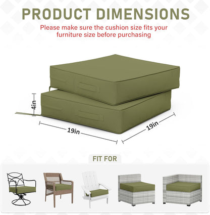 Patio Chair Cushions 19 X 19 X 4 Inch Waterproof Outdoor Seat Cushions for Patio Furniture, Outdoor Sofa Couch Pads with Ties & Handle, Set of 2, Light Green