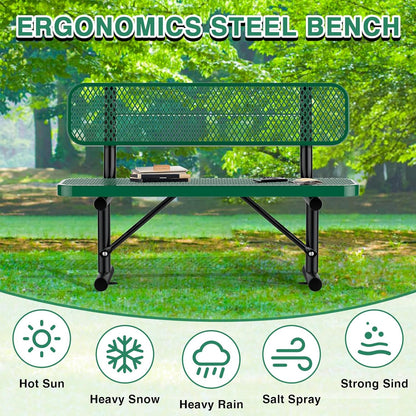4FT Heavy Duty Park Bench with Back Portable Frame, Outdoor Metal Park Bench with Backrest, Steel Mesh Outdoor Bench for Garden, Lawn, Patio, Porch, Park, Yard, Green