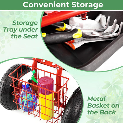 S AFSTAR Rolling Garden Cart, Wagon Scooter with 360° Swivel Seat, Storage Tray, Basket & Rubber Wheels, Heavy-Duty Gardening Tool Cart for Weeding, Patio & Yard (Red)