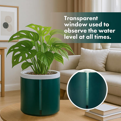 D'vine Dev 6 Inch Design Self Watering Planter for Indoor Plants, White Terracotta Pot with Teal Cylinder Glass Cup, Set of 2, 37-Y-B-5
