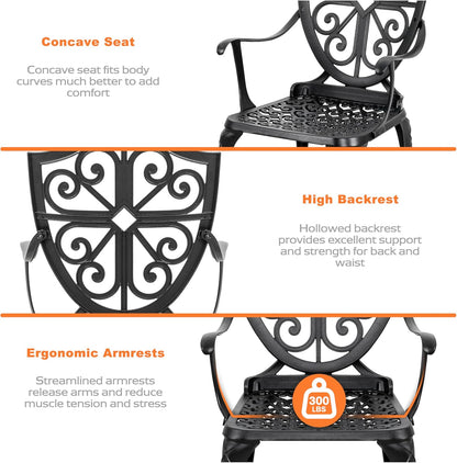 NUU GARDEN 3-Piece Outdoor Bistro Set, Round 24 Inch Cast Aluminum Bistro Table with 2.17" Umbrella Hole and 2 Cast Aluminum Bistro Chairs, for Patio, Garden, Backyard and Balcony, Black