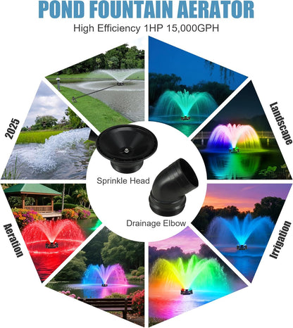 Goldlife Pond Fountain Aerator, F3 With 4 RGB Lights, 1HP 750W 110V Stainless Steel Floating Fountain With 100FT Power Cord, Octagon Aerating Fountain Pump for Small Large Pond Lake Pool Bay Fish farm