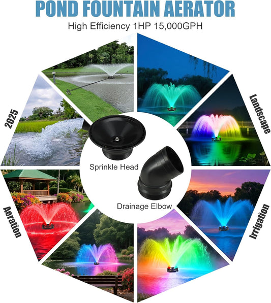 Goldlife Pond Fountain Aerator, F3 With 4 RGB Lights, 1HP 750W 110V Stainless Steel Floating Fountain With 100FT Power Cord, Octagon Aerating Fountain Pump for Small Large Pond Lake Pool Bay Fish farm