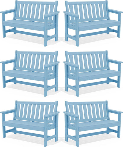 SERWALL Outdoor Bench, HDPE Outdoor Benches Weatherproof, 2-Person Garden Bench with 660 lbs Weight Capacity, Patio Benches for Outdoors, Garden, Porch, Backyard and Park, Light Blue, 6 Pack