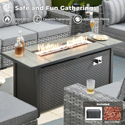 ovios 10 Pieces Patio Furniture Set, Outdoor Wicker Sectional Sofa with 54" Fire Pit Table Swivel Chairs, Modern Modular Deep Seat Rattan Couch Conversation Sets, Dark Gray Stripe