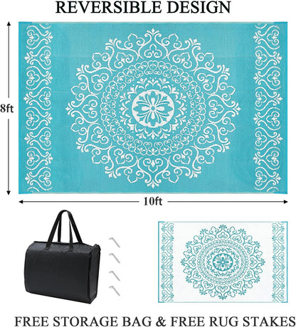 Pauwer Waterproof Outdoor Rug 8x10, Reversible Plastic Straw Patio Camping Rug, Indoor Outdoor RV Mat Carpet for Deck, Camper, Porch, Balcony, Backyard, Picnic, Floral Teal