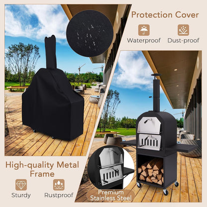 HAPPYGRILL Outdoor Wood Fired Pizza Oven w/Firewood Storage, Side Shelves, Patio Pizza Maker wi/Pizza Stone & Peel, 2 Cooking Grills & Thermometer, Portable Pizza Stove for Backyard Party Camping