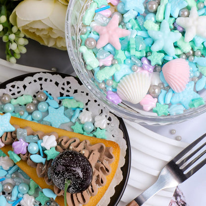 Ocean Sprinkles for Cake Decorating, Shell, Seahorse, Starfish, Fish & Pearl Sugar Mix for Cupcakes Cookies and Ice Cream Toppings