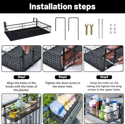 Metal Planter Flower Pot Holder Railing Shelf, Iron Balcony Planters Railing Hanging Bucket Pot Flower Holder with Hooks for Outdoor Garden Porch Patio(Black, 23.6 x 7.8 x 4.7 Inch)