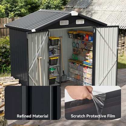 Aoxun 6.2x4 FT Shed Outdoor Galvanized Storage Shed with Large Lockable Doors for Lawn, Backyard, Patio (Black)