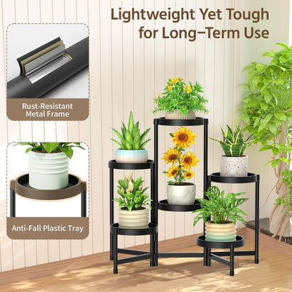 LASZOLA 6 Tiered Folding Plant Stand Indoor for Multiple Large Planter, Tall Heavy Duty Adjustable Rack with Rust Proof Plastic Shelving, Sturdy Vertical Tree Organizer for Narrow Inside Floor, Black