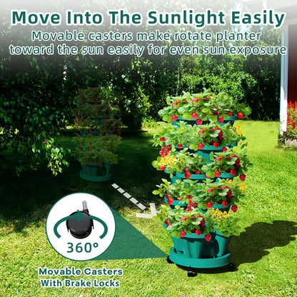 Strawberry Stacking Planters, Vertical Garden Tower, 3 Tiered Stackable Herb Vegetable Planters with Movable Casters and Bottom Saucer Indoor and Outdoor - Hunter Green