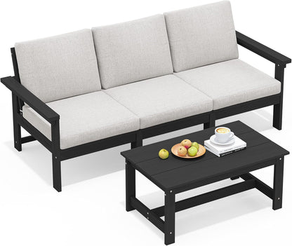 SERWALL HDPE Patio Sofa Set, 4-Piece Sectional Outdoor Furniture Set, All Weather Outdoor Couch Set Patio Furniture Set for Deck, Lawn, Black Frame with Khaki Cushion