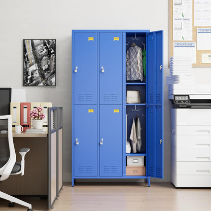 6 Doors Metal Lockers for Employees with 6 Shelves and 18 Hooks, Storage Locker with Business Card Holder for Office Gym School Bedroom, Assembly Required, Blue