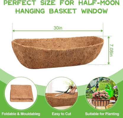 Riare 4 Pack 30 Inch Trough Coco Coir Liners for Planters, Pre-Formed Coconut Coir Replacement Liner Natural Coco Fiber Window Box Liners for Wall Planter, Window Basket Deck Railing Planter
