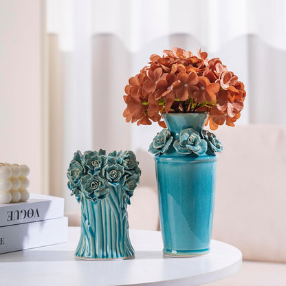 Handmade Blue Ceramic Vase with 3D Flowers, Blue Bud Wedding Bouquets Vases for Centerpieces, Vintage Floral Vase for Home Cottage Core Decor, Decorative Vases for Living Room, Housewarming Gift 6.6In