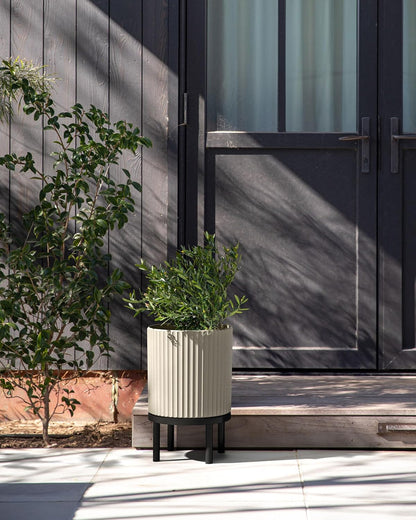 Veradek Demi Series Round Planter w/Stand for Porch/Patio | Durable Plastic-Stone Composite & Wooden Stand | Modern Décor for Tall Plants, Flowers
