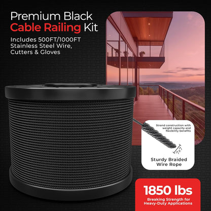 1000FT 1/8" T316 Stainless Steel Cable - 7x7 Strands Wire Rope - Black Phosphate Coating - Cable Cutters & Gloves Included - Aircraft Cable for Indoor & Outdoor - Cable Railing Stair