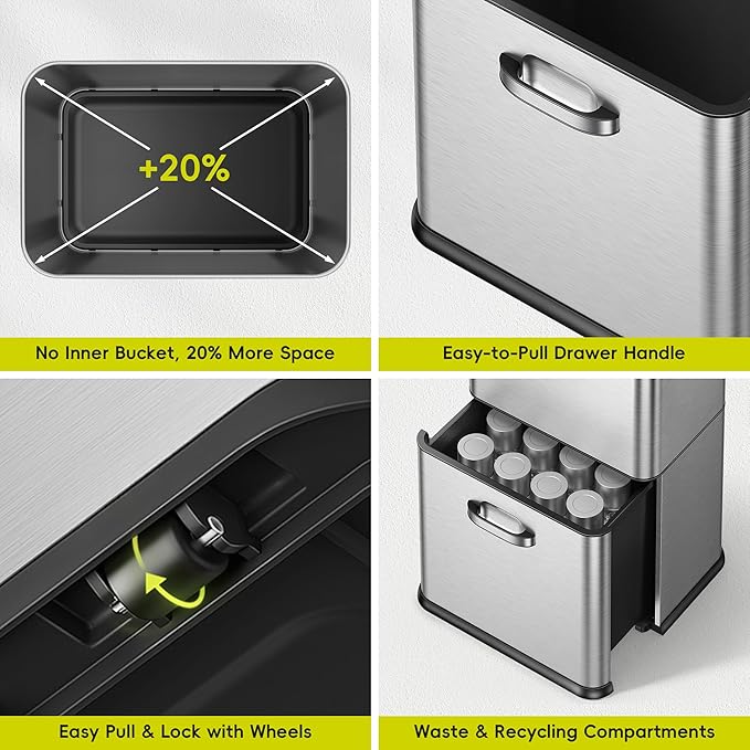 EKO Vintage 50L / 13.2 Gallon Motion Sensor Trash Can, Dual Compartment 32L + 18L Stainless Steel Kitchen Garbage Bin, Touchless Automatic Waste & Recycling Bin with Lid for Home or Office
