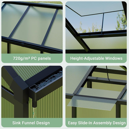 Greenhouse, 6x8 Ft Outdoor Greenhouses with Roof Vents and Sliding Doors, Aluminum Frame Polycarbonate Accessible Greenhouses, Suitable for Outdoor Gardens and Backyards, Black