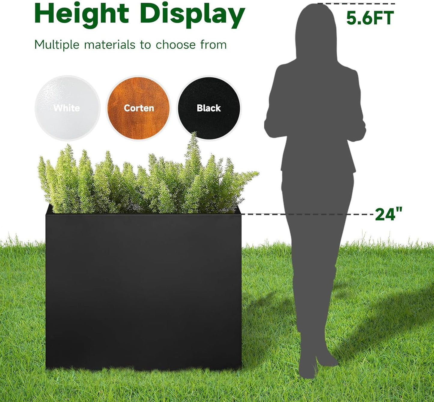 Galvanized Steel Metallic Heavy Planter for Outdoor Plants Metal Outdoor Planter Spliced Flower Box with Partitions for Outside,Indoor,Garden (Black, 32 * 15 * 24)