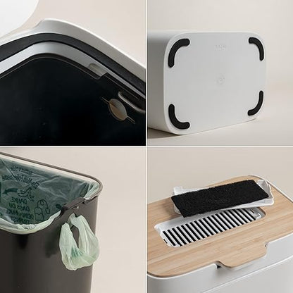 KAZAI. Compost Bin Kitchen 'Elin' | 1.2 GAL / 4.5L Countertop Compost Bin with Wooden Lid & Filter | Odor-Free, Dishwasher Safe, with Inner Bucket | Small Indoor Kitchen Composter | Off-White/Bamboo