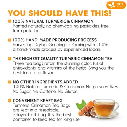 FreshDrinkUS, Premium 135 Turmeric Cinnamon Tea Bags, 100% Natural, Blend of Turmeric, and Cinnamon. Made with Natural Material Tea Bags. No Sugar. No Caffeine. Vegan.