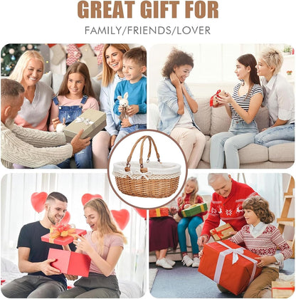 G GOOD GAIN Oval Picnic Basket with Folding Handles, Willow Hand Woven Shopping Basket, Bath Toy Kids Toy Storage Gift Packing Basket, Wicker Empty Easter Eggs and Candy Small Gift Basket.Cream