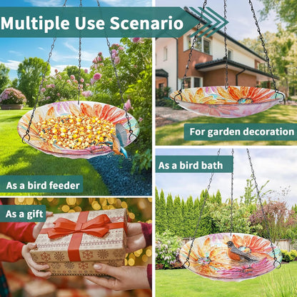 VCUTEKA Hanging Bird Bath, Glass Bird Baths for Outdoors Birdfeeder with 21 inch Rust-Proof Chain for Garden Yard Decor, Flower