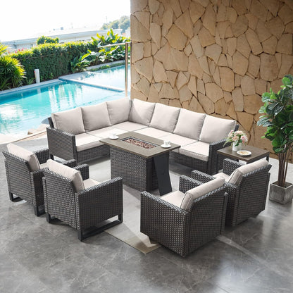 HUMMUH 8 Piece Patio Furniture with Fire Pit,PE Wicker Outdoor Conversation Sets-6-Seater Sofa,Patio Swivel Chairs Outdoor Chairs, Propane Fire Pit,Side Table for Porch,Garden,Backyard(Brown/Beige)
